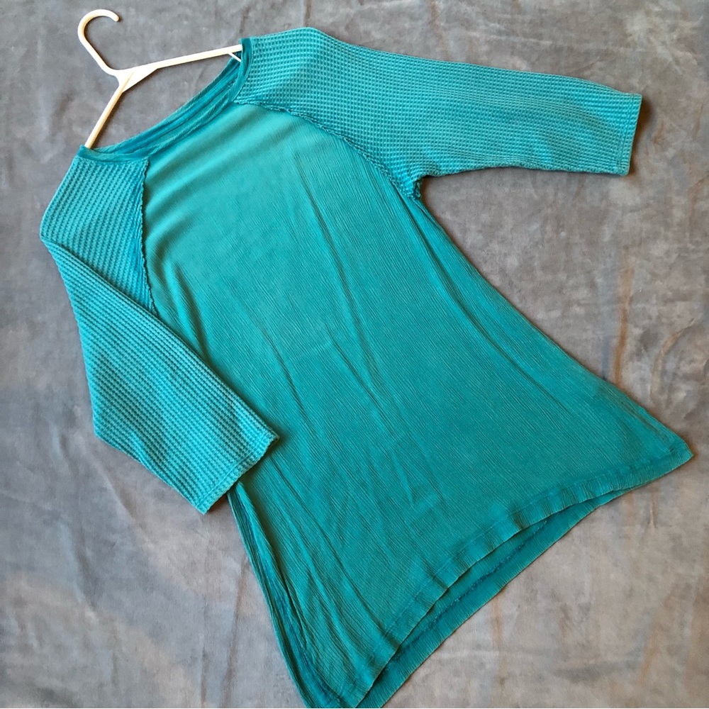 Soft Surroundings Sz Small Blue Cotton Blend Tunic Top Waffle Knit 3/4 sleeves